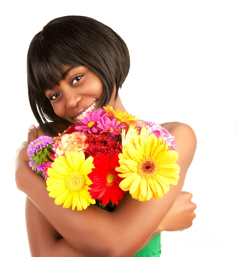 Black woman with gerbera flowers Photograph by Anna Om - Pixels