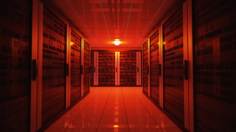 Blackout concept. Emergency failure red light in data center with servers. 3D rendered illustration. Photograph by Vchal