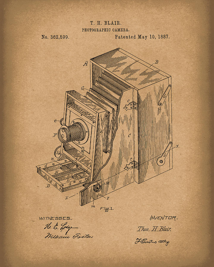 Camera Drawing - Blair Photographic Camera 1887 Patent Art Brown by Prior Art Design
