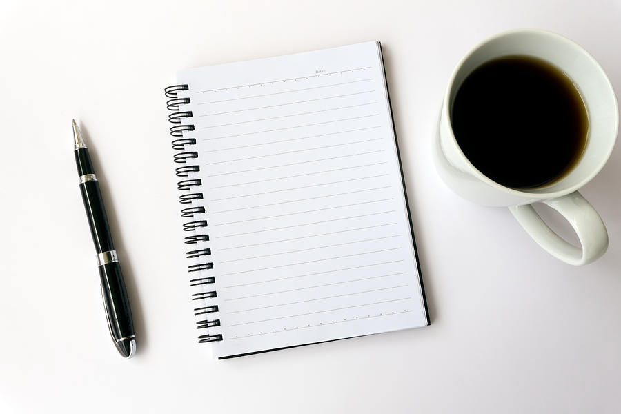 Blank White Diary With Pen and Coffee on White Background Photograph by Nora Carol Photography