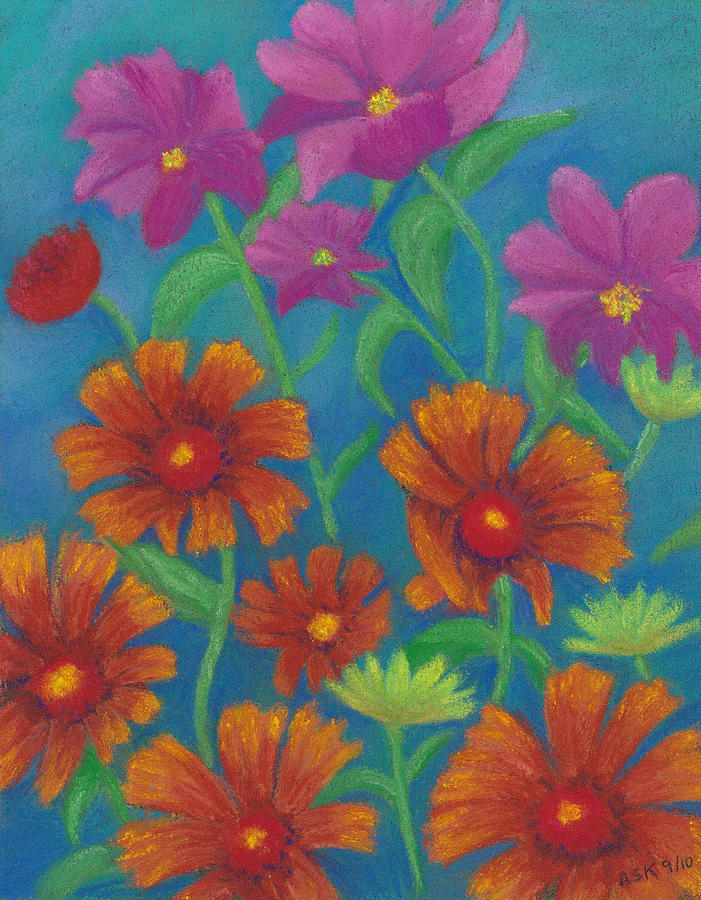 Blanket Flowers and Cosmos Pastel by Anne Katzeff