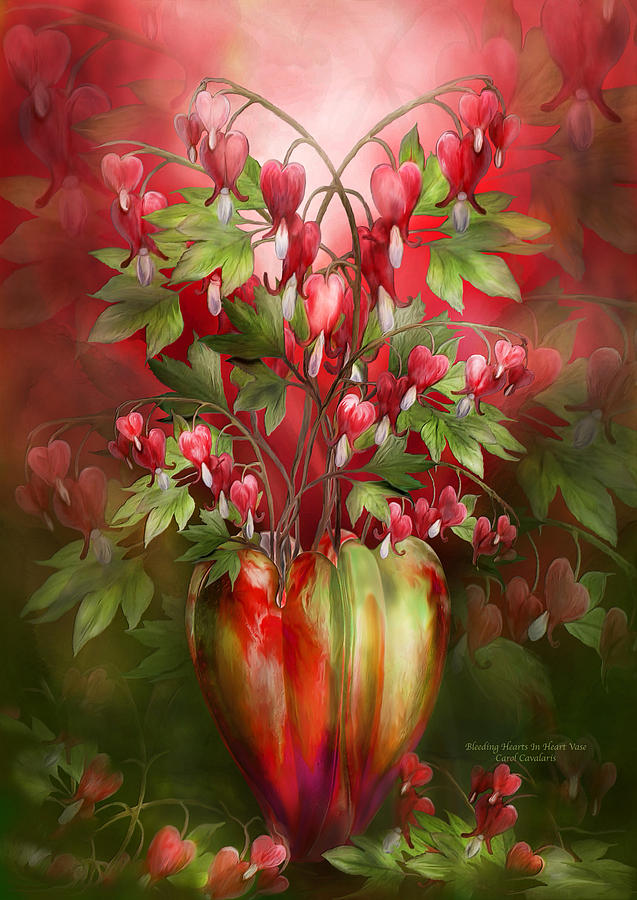Bleeding Hearts In Heart Vase Mixed Media by Carol Cavalaris