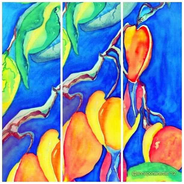 Abstract Photograph - Bleeding Hearts Tryptic - digital artwork from original watercolor painting by Anna Porter