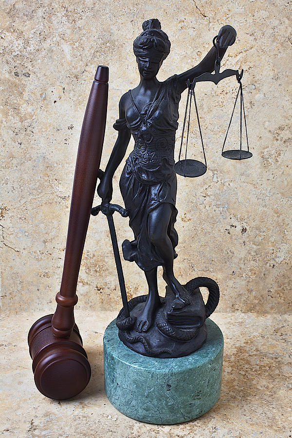 Snake Photograph - Blind justice statue with gavel by Garry Gay