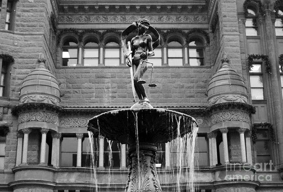 Blind Naked Justice Statue Bexar County Courthouse San Antonio Texas Black and White Photograph by Shawn OBrien