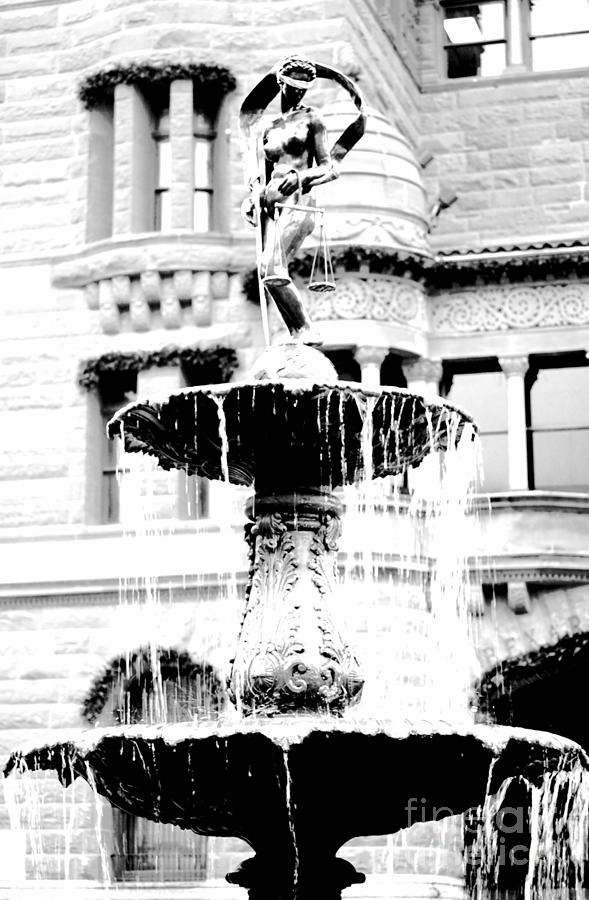 Blind Naked Justice Statue with Scales atop Fountain San Antonio Texas Black and White Conte Crayon Digital Art by Shawn OBrien