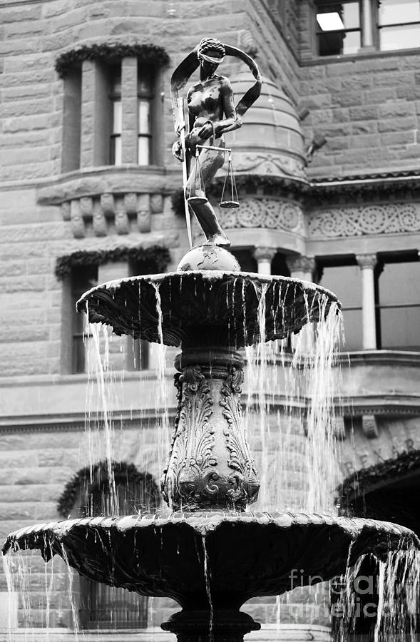 Blind Naked Justice Statue with Scales atop Fountain San Antonio Texas Black and White Photograph by Shawn OBrien