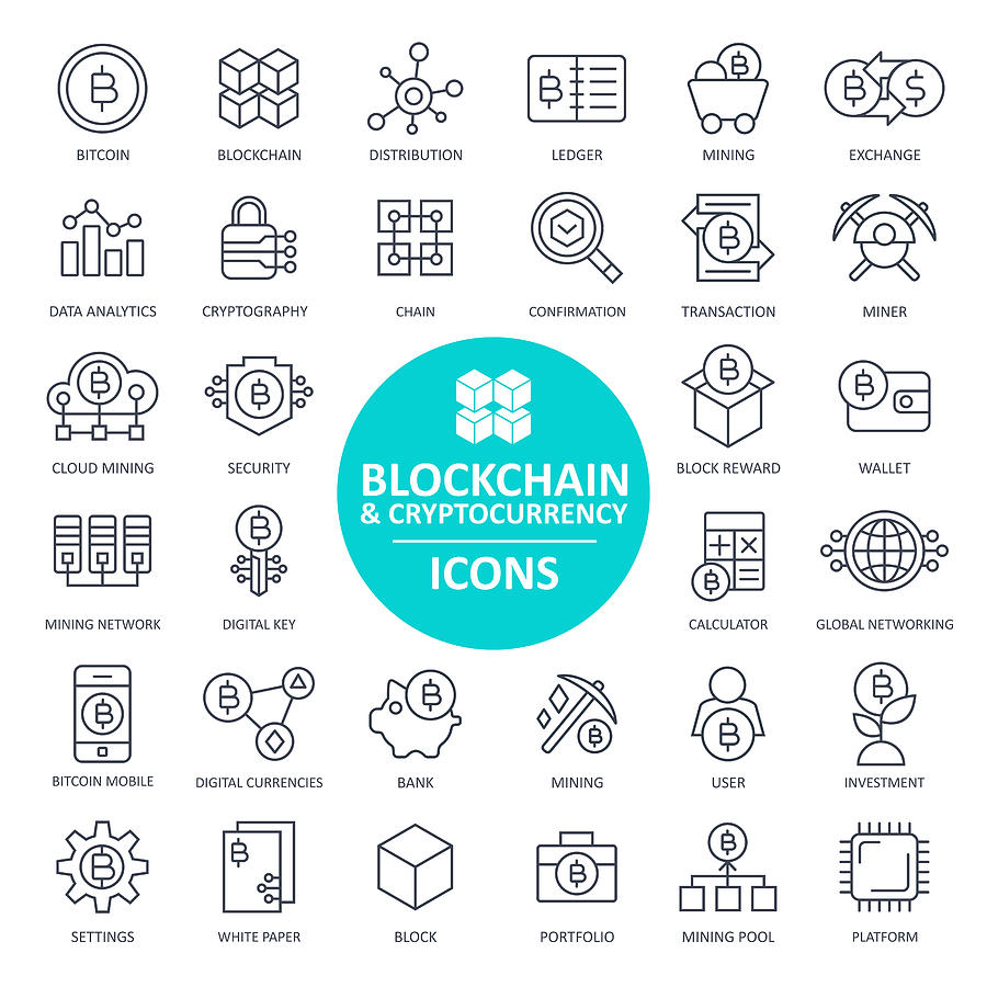 Blockchain Cryptocurrency Bitcoin Icon Set - Thin Line Drawing by Pop_jop