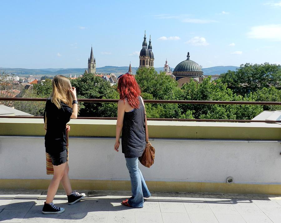 Blonde And Red Hair Girls Admiring Sibiu Roofs Photograph