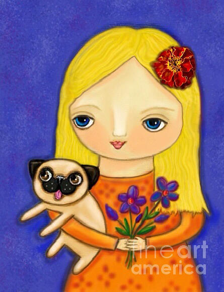 Blonde Girl with Pug Painting by Cynthia Snyder