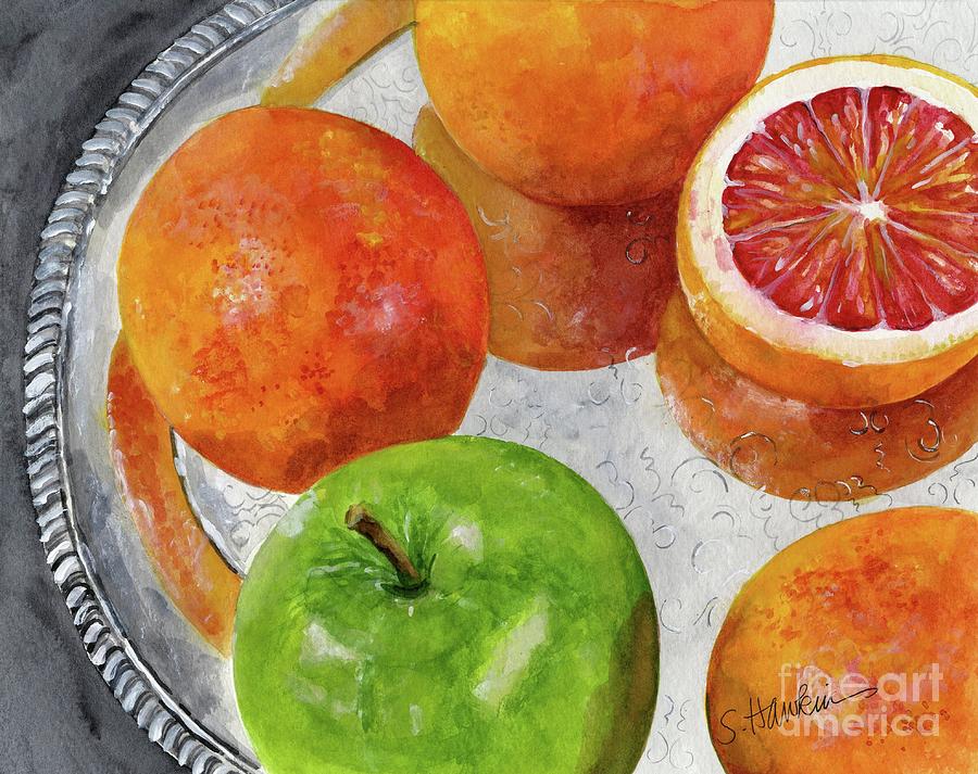 Still Life Painting - Blood Oranges on Silver Tray  by Sheryl Heatherly Hawkins