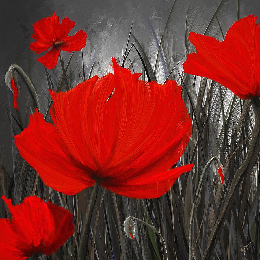 Blood-Red Poppies - Red And Gray Art Painting by Lourry Legarde