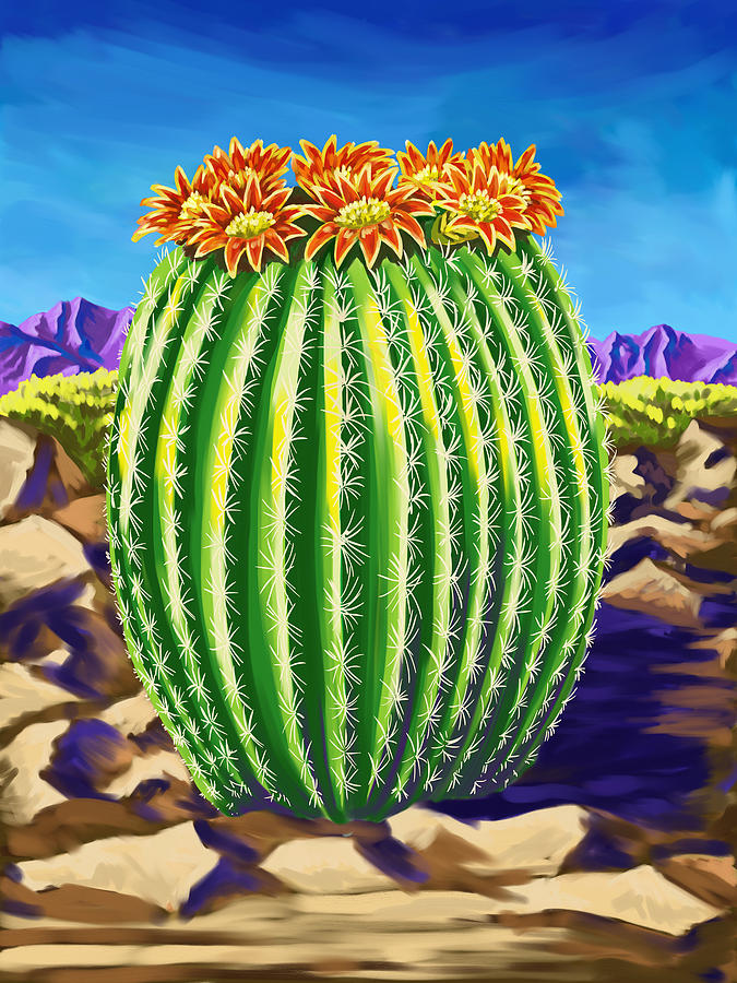 Blooming Barrel Cactus Painting by Tim Gilliland