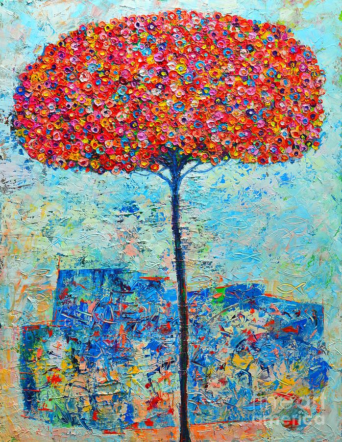 Blooming Beyond Known Skies - The Tree Of Life - Abstract Contemporary Original Oil Painting Painting by Ana Maria Edulescu