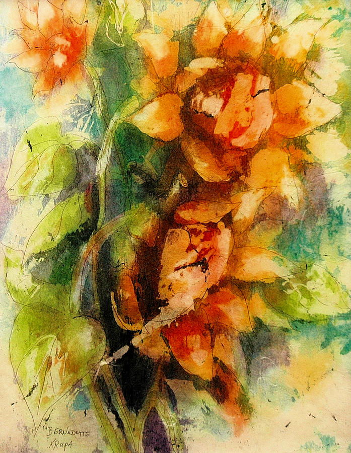 Flower Painting - Blooming Flowers - Batik by Bernadette Krupa