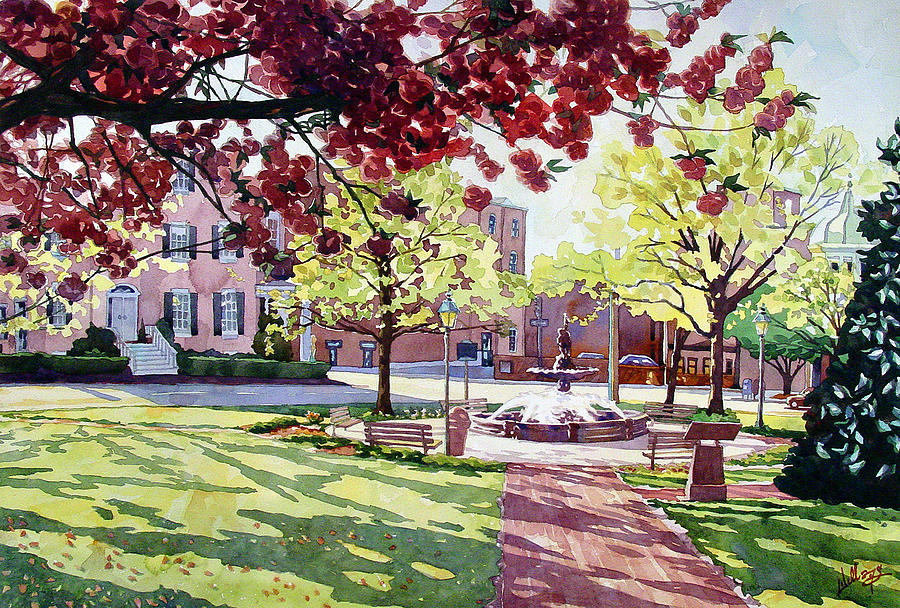 Blossoms over the Fountain Painting by Mick Williams