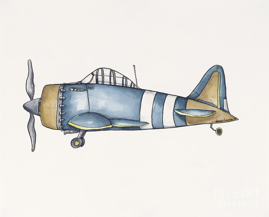 Nursery Painting - Blue and Gold Plane - One by Annie Laurie