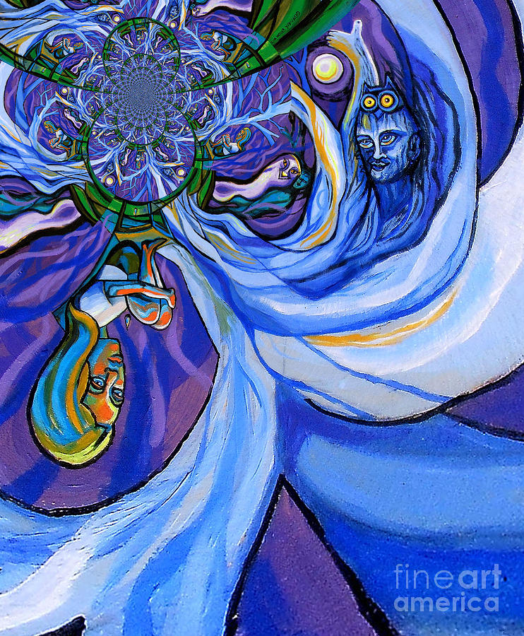 Blue and Purple Girl With Tree And Owl Upside Down Digital Art by Genevieve Esson
