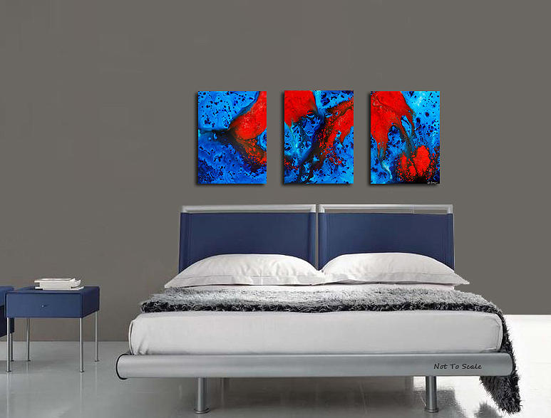 Blue And Red Abstract Hung As A Triptych Painting by Sharon Cummings