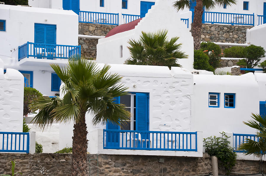 blue and white hotel on Mykonos Greece Photograph by Brenda Kean
