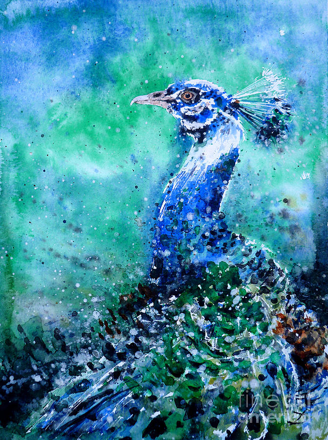 Blue-and-White Peafowl Painting by Zaira Dzhaubaeva
