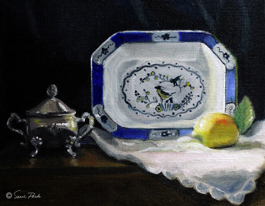 Office Space Painting - Blue and White Platter with lemon by Sarah Parks