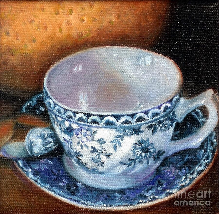 Blue and White Teacup with Spoon Painting by Marlene Book