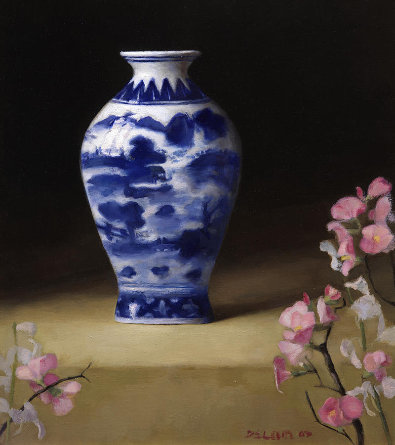 Blue and White with Cherry Blossoms Painting by Dana Levin - Fine Art ...