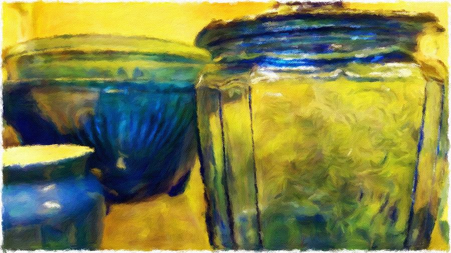 Blue and Yellow Glassware Painting by Bonnie Bruno