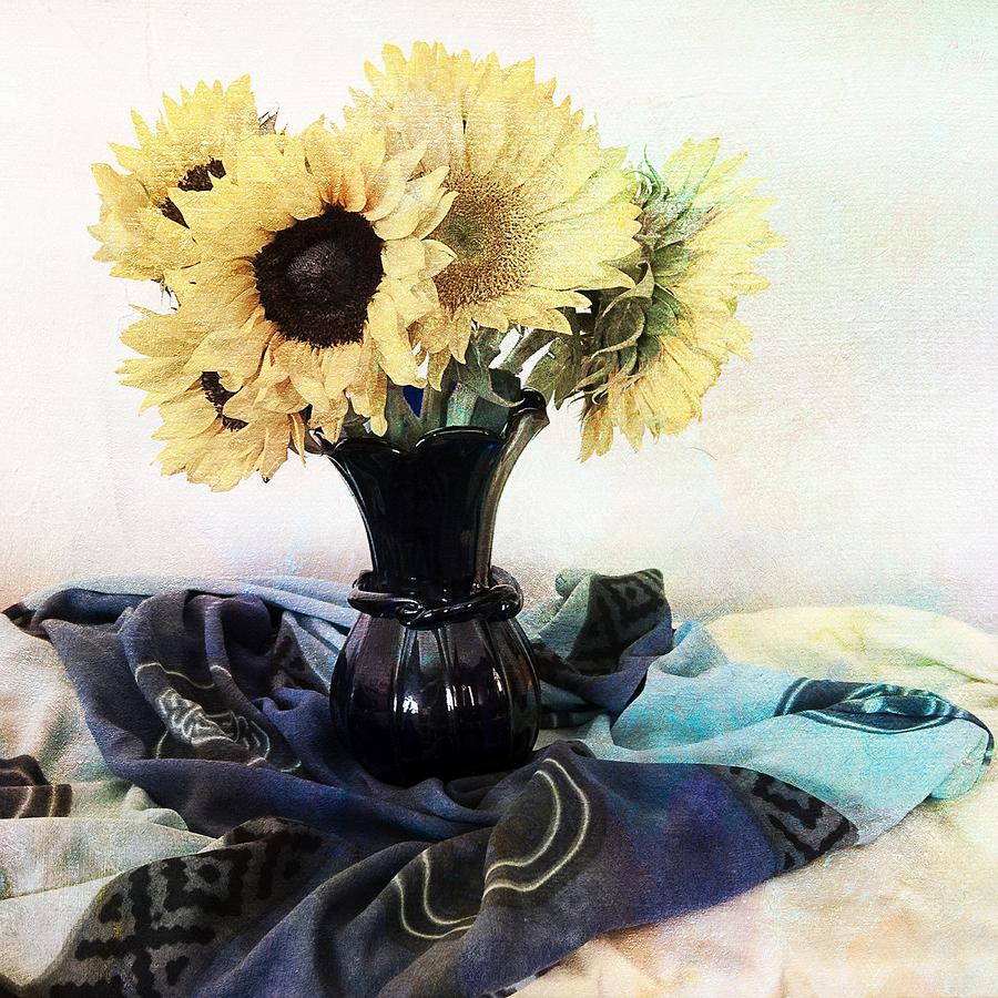 Sun Flowers in a Blue Vase Photograph by Sandra Selle Rodriguez