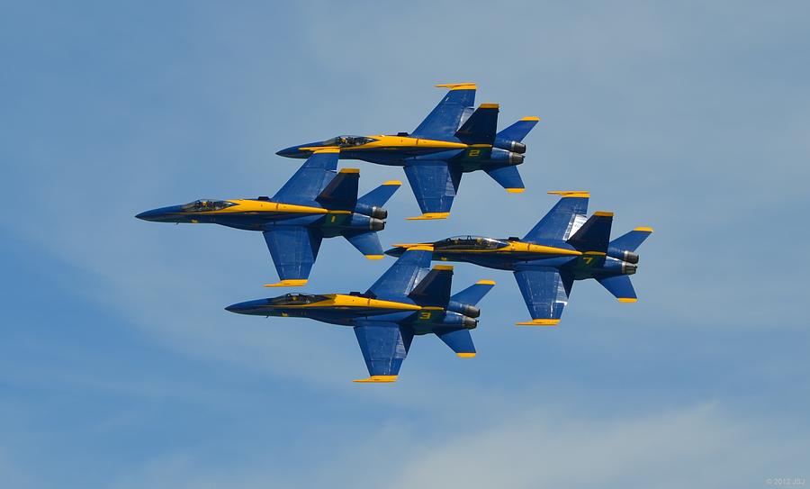Blue Angels Diamond Formation over Pensacola Beach Photograph by Jeff at JSJ Photography