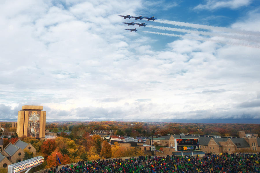 Football Photograph - Blue Angels over Notre Dame Stadium by Mountain Dreams