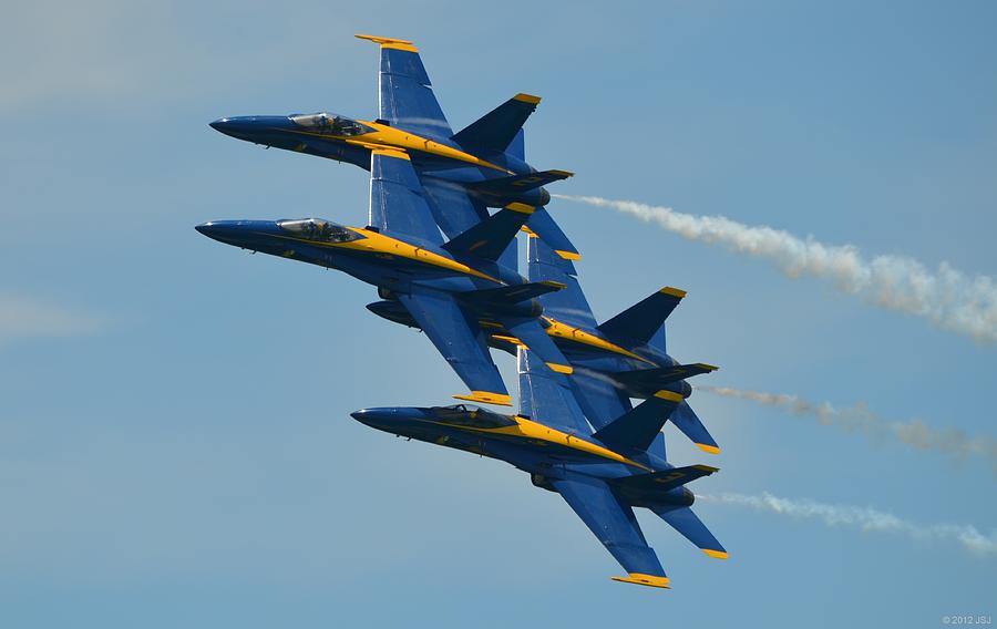 Blue Angels Practice Formation over Pensacola Beach Photograph by Jeff