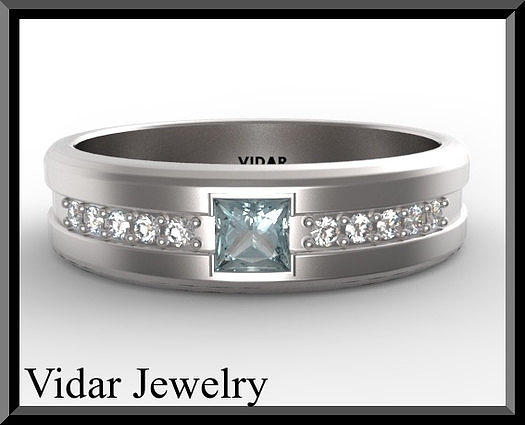 Gemstone Jewelry - Blue Aquamarine And Diamond 14kt White Gold Mens Wedding Ring by Roi Avidar