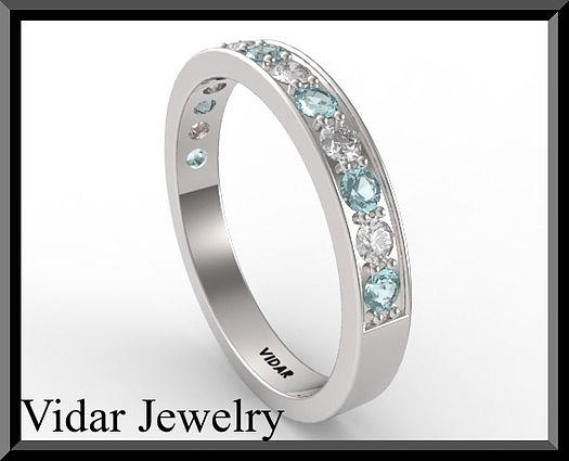 Gemstone Jewelry - Blue Aquamarine And Diamond Half Eternity 14kt White Gold Wedding Ring by Roi Avidar