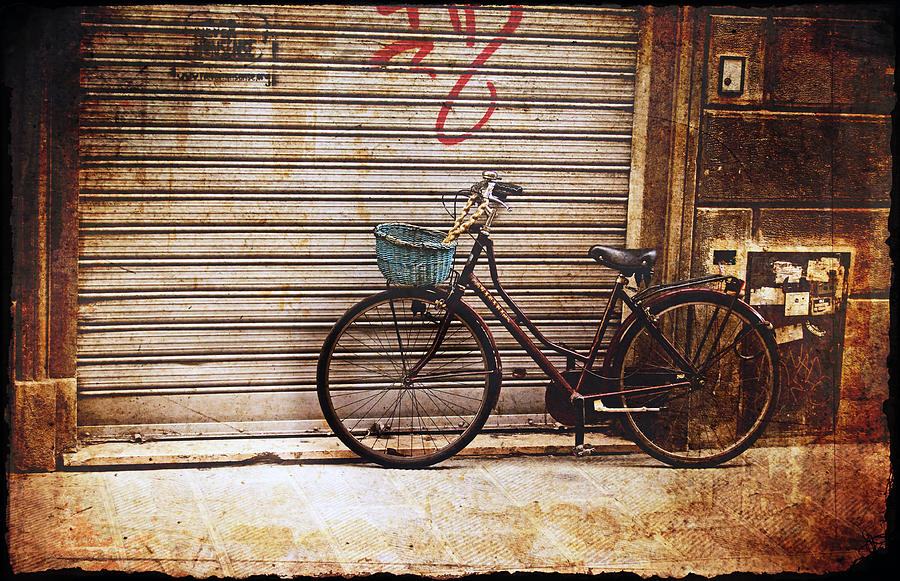 vintage blue bike with basket