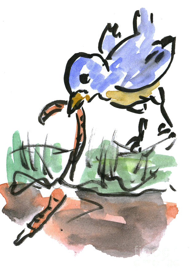 Blue Bird and a Worm Snack Painting by Ellen Miffitt
