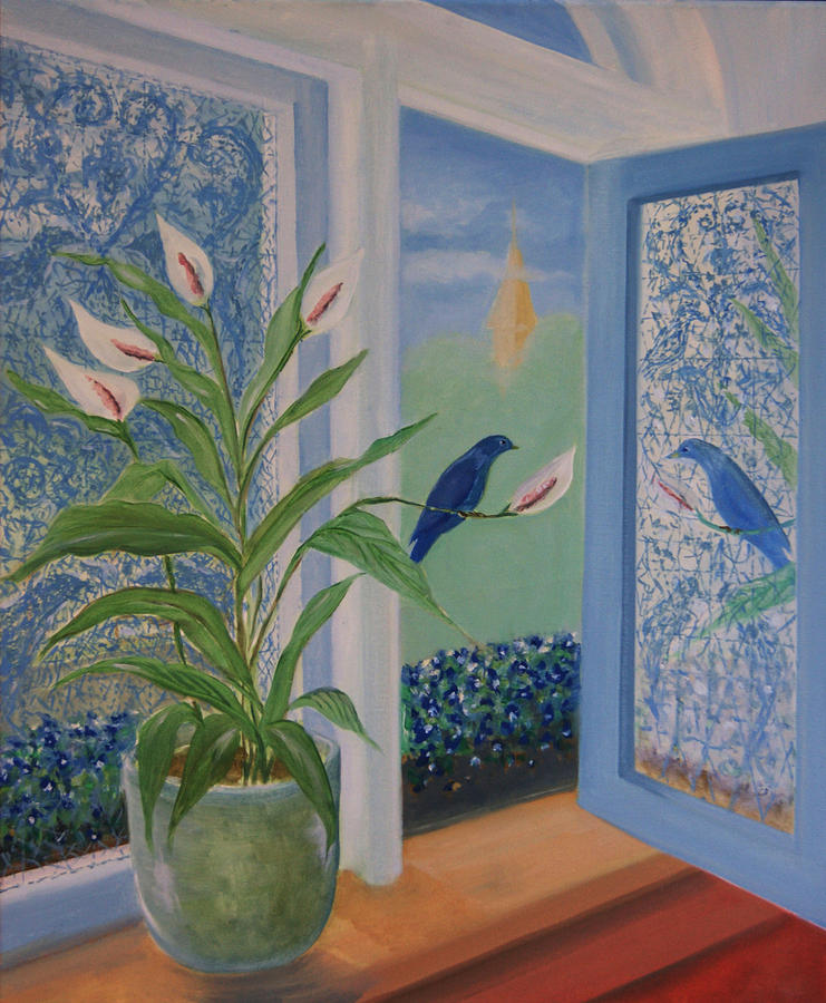 Blue Bird Visiting Painting by Tone Aanderaa