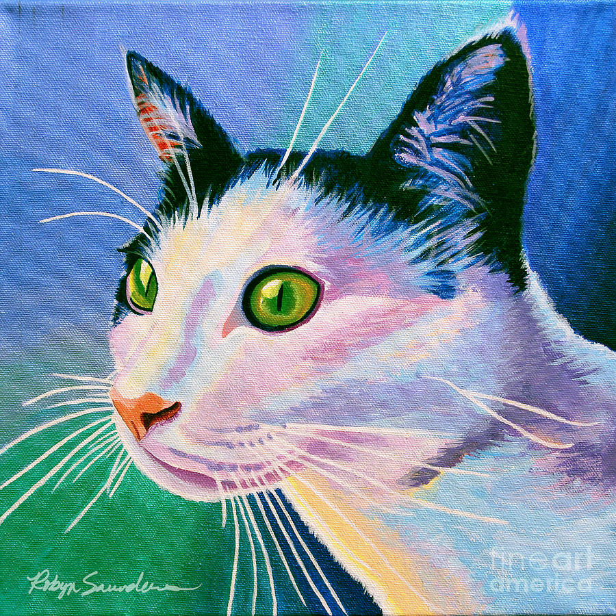 Blue Black and White Cat Painting by Robyn Saunders