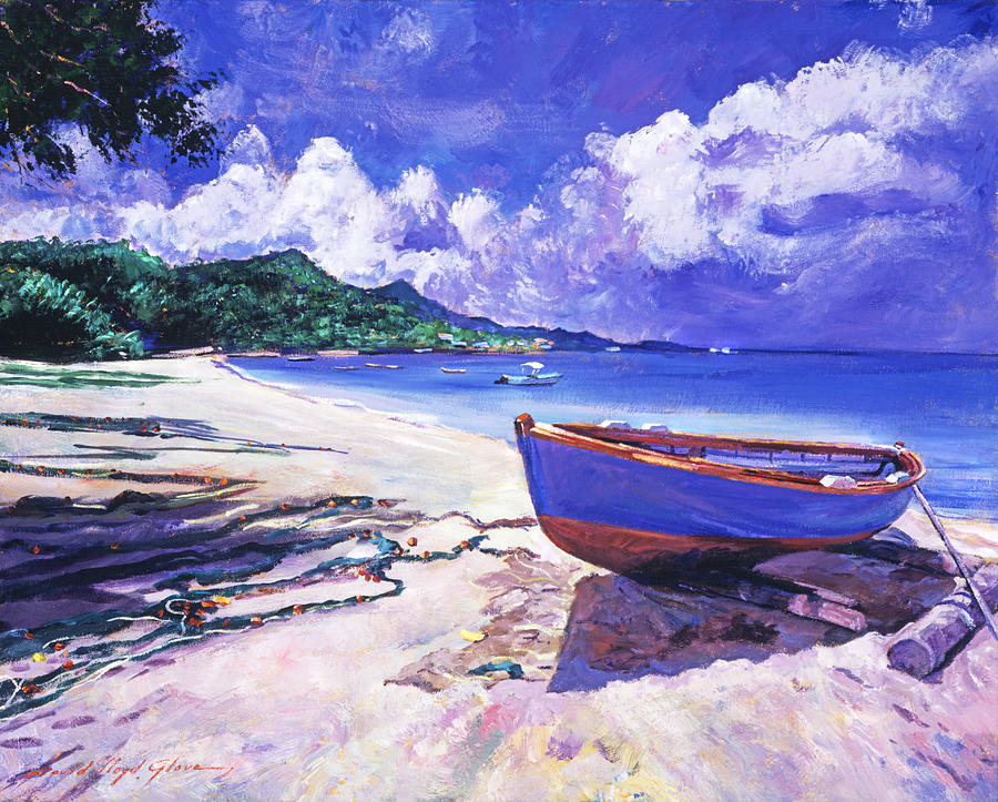 Blue Boat and Fishnets Painting by David Lloyd Glover