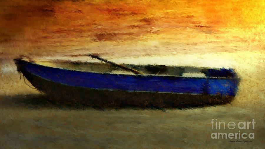 Blue Boat at Sunset Painting by Sandra Bauser