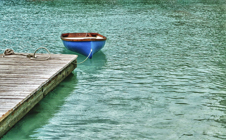 Blue Boat Off Dock Digital Art by Michael Thomas