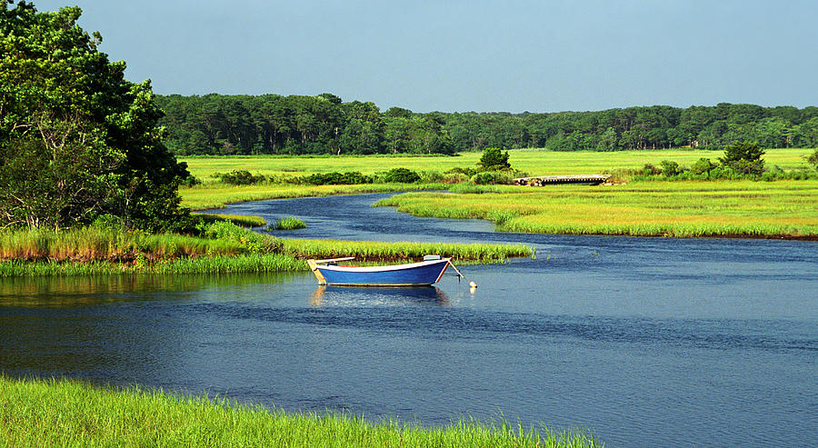 Blue Boat on the Herring River Photograph by Ken Stampfer