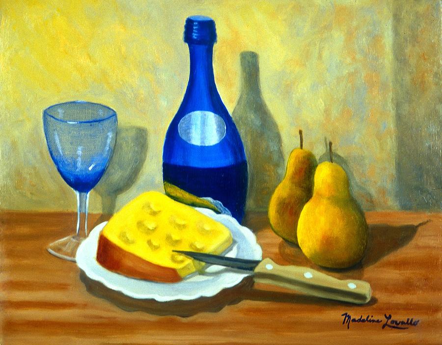 Blue Bottle with Cheese and Pears Painting by Madeline  Lovallo
