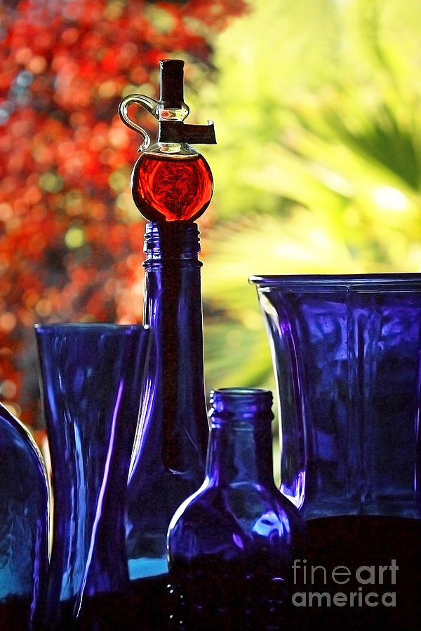 Blue Bottles in Autumn Photograph by Ellen Cotton