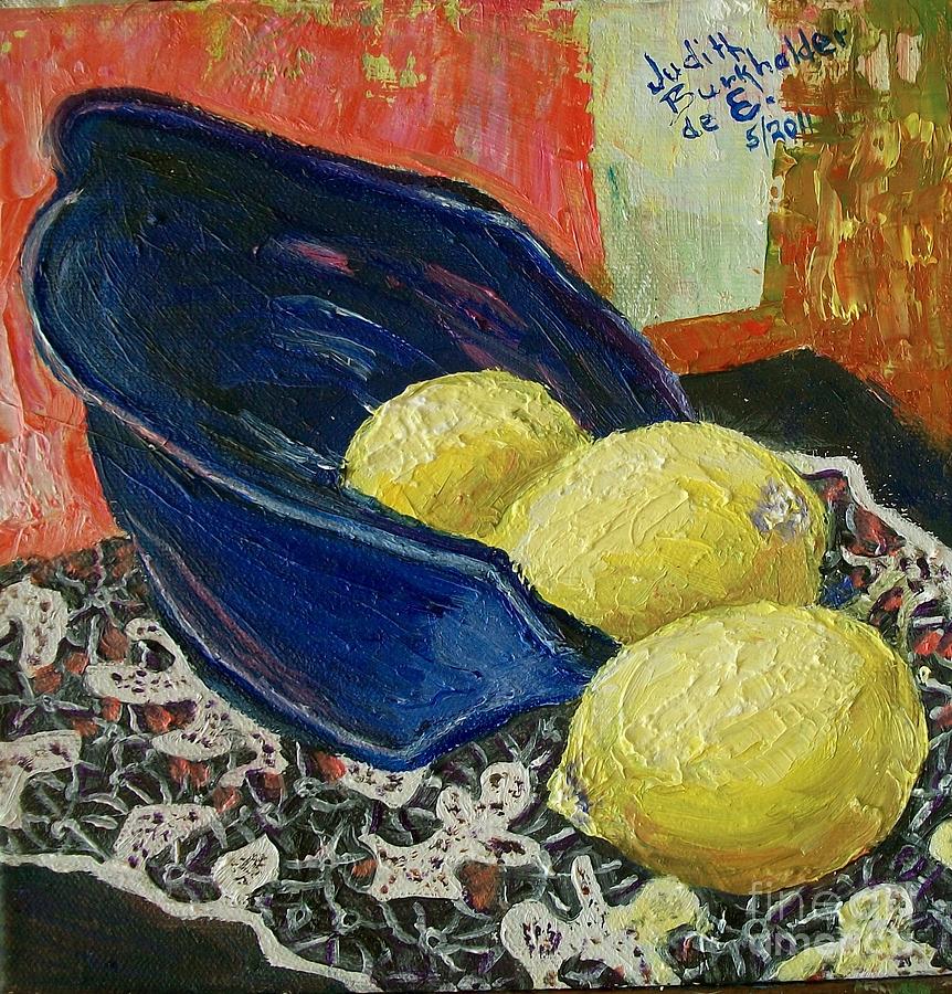 Blue Bowl with Lemons - SOLD Painting by Judith Espinoza