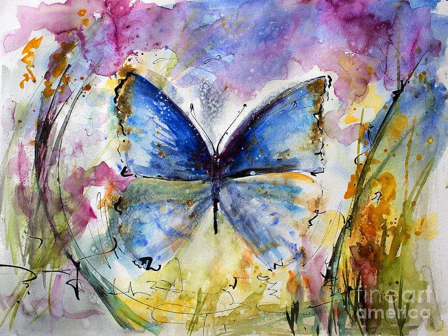 Blue Butterfly Watercolor Painting by Ginette Callaway
