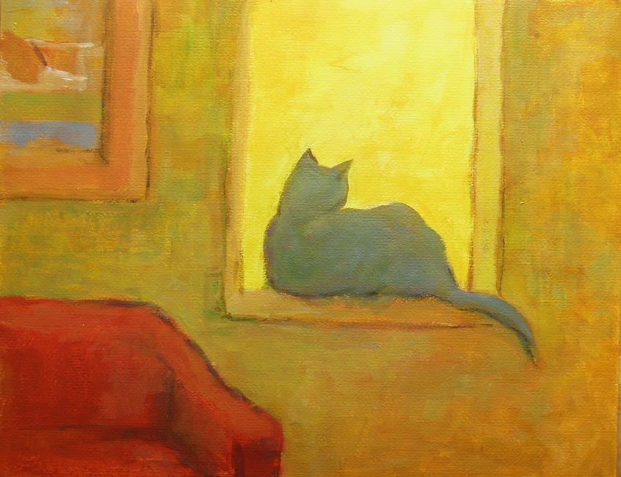 Blue cat at the window Painting by Alfons Niex