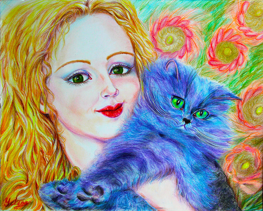 Blue cat Drawing by Yelena Rubin