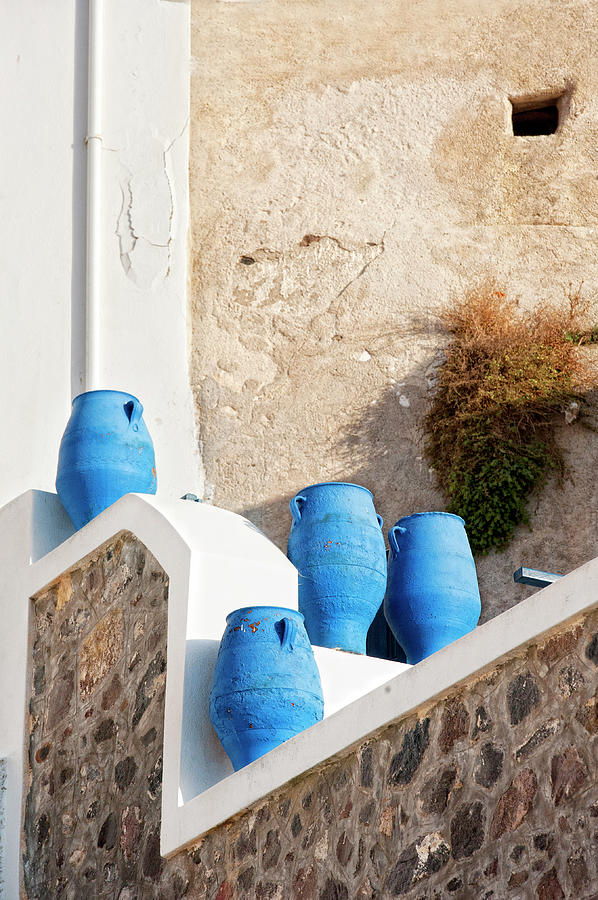 Blue Clay Pots In The Sun Of Fira Photograph by Ralucahphotography.ro